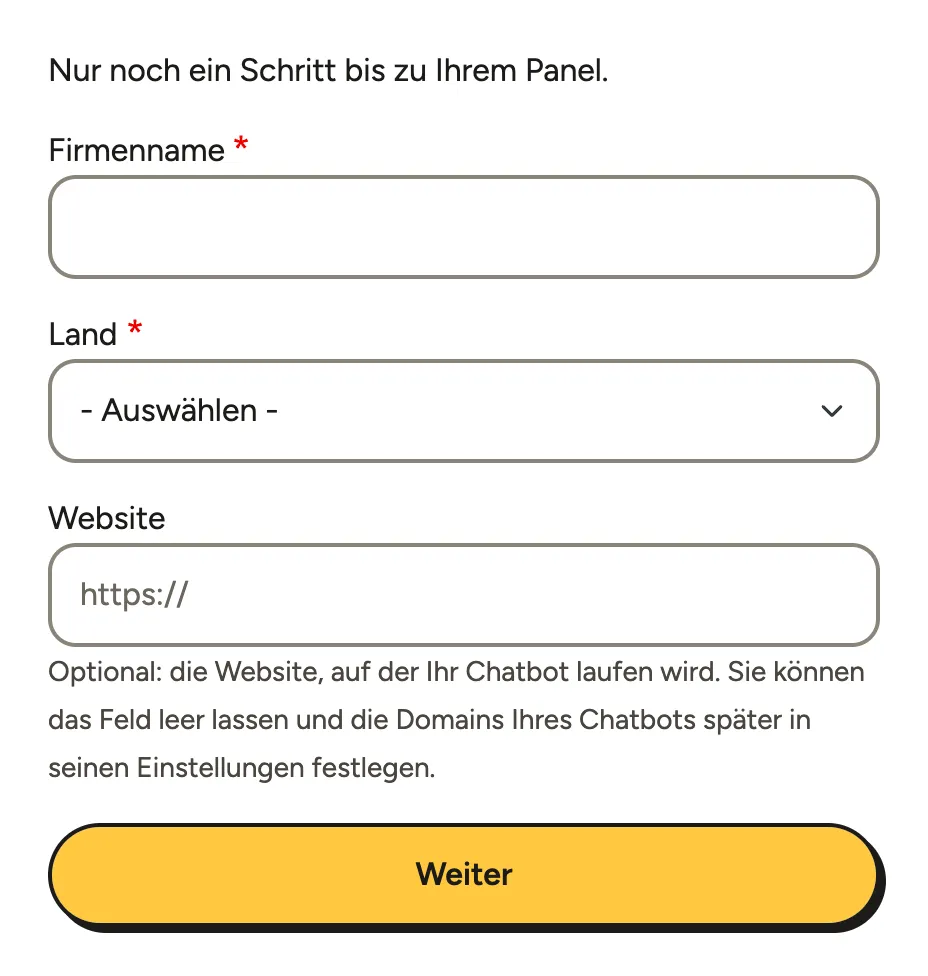 Das Formular zu Ihrem Unternehmen mit Firmenname, Land und Website