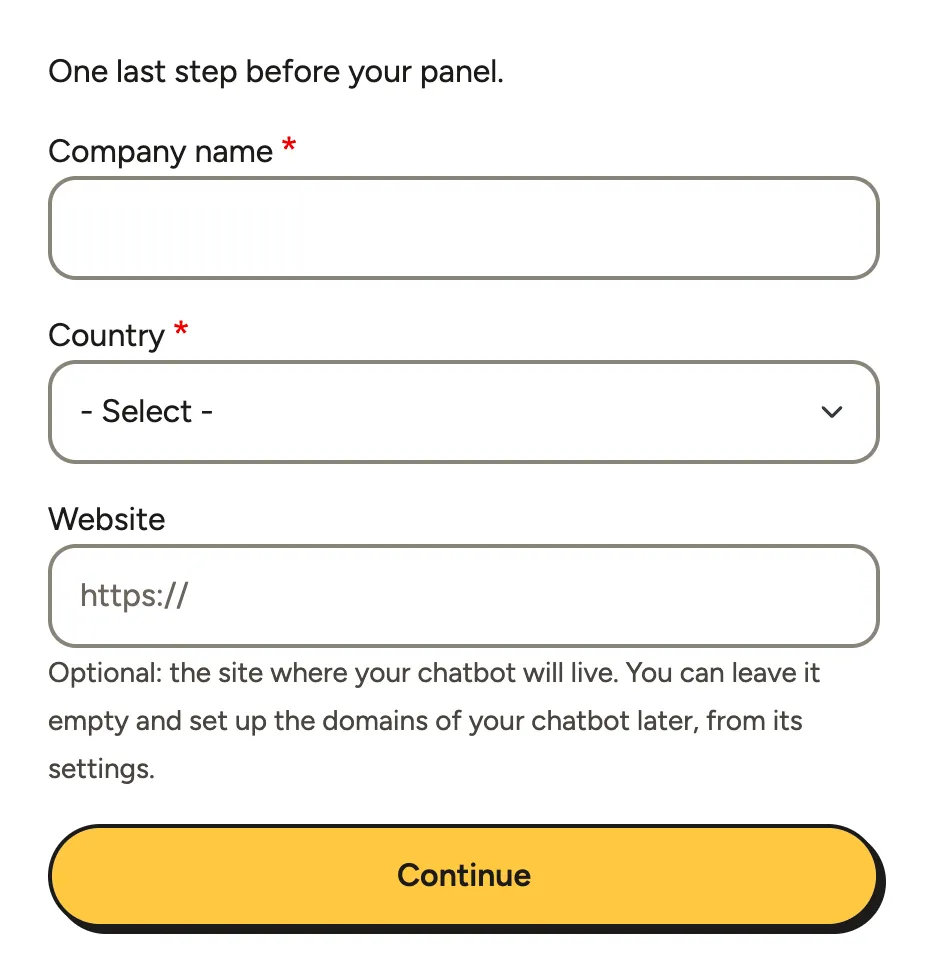 The Tell us about your company form with Company name, Country and Website