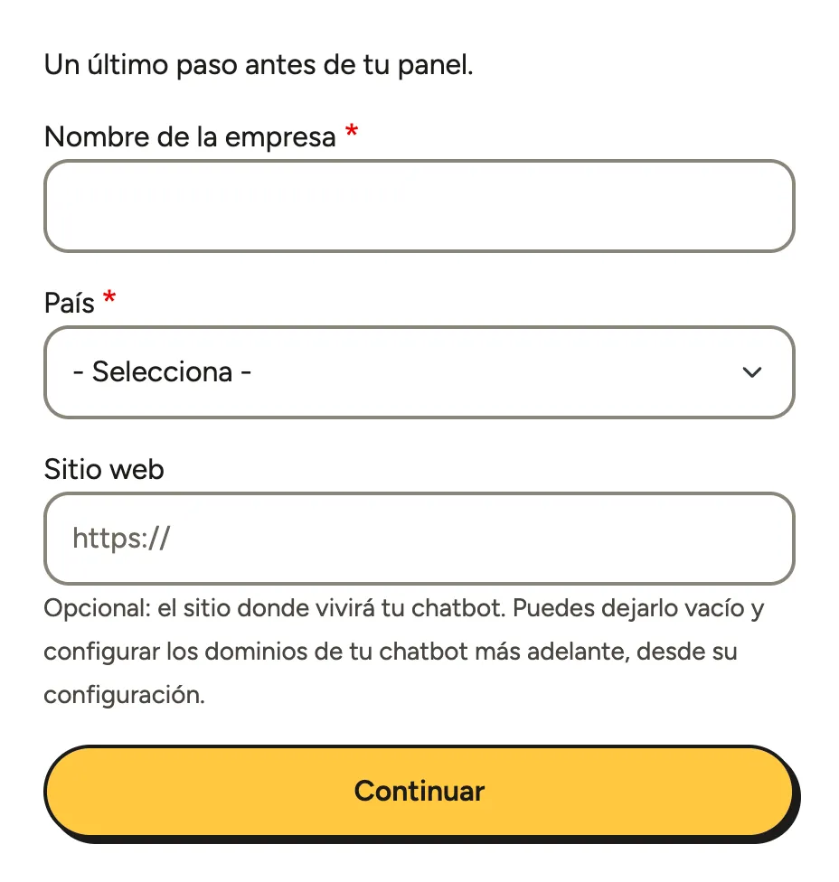 El formulario Cuéntanos sobre tu empresa con Nombre de la empresa, País y Sitio web