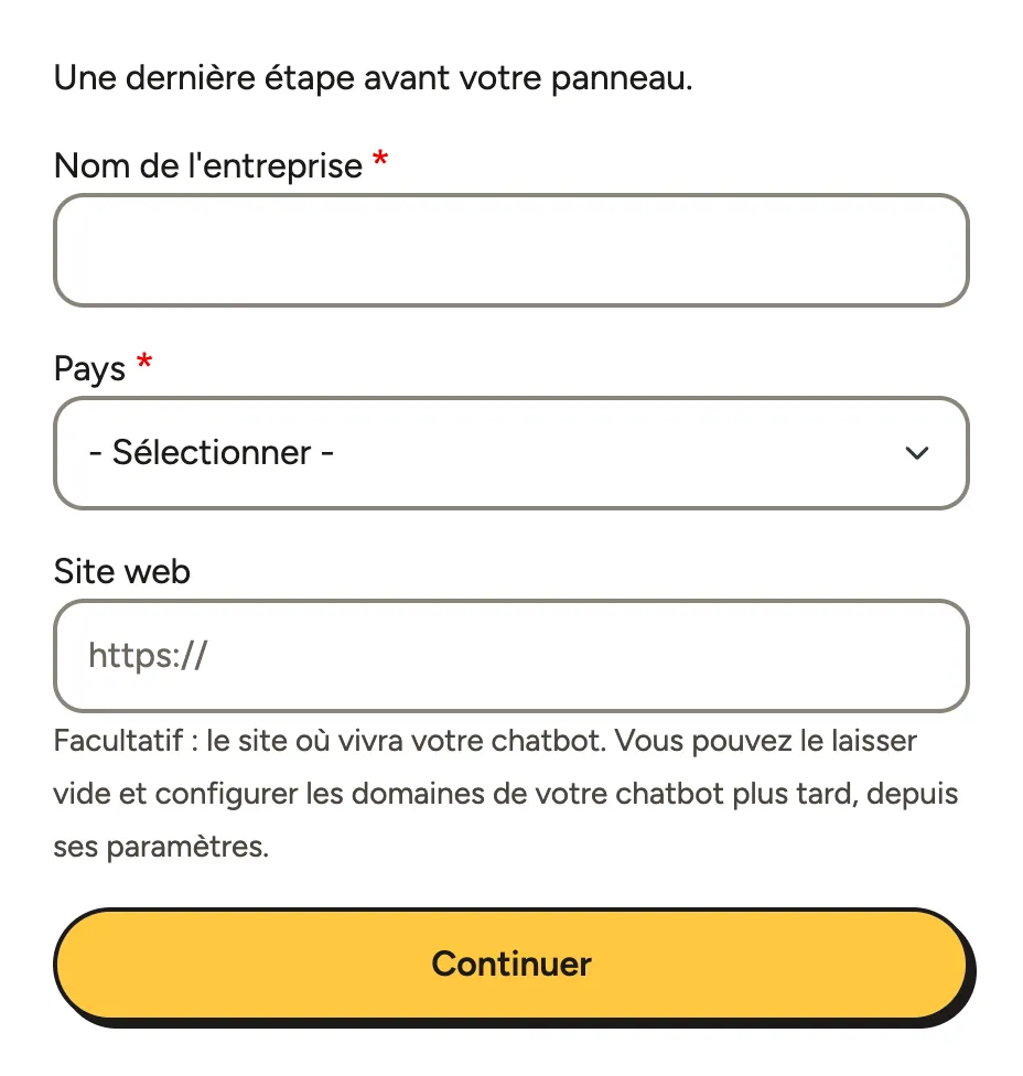 Le formulaire sur votre entreprise avec Nom de l'entreprise, Pays et Site web