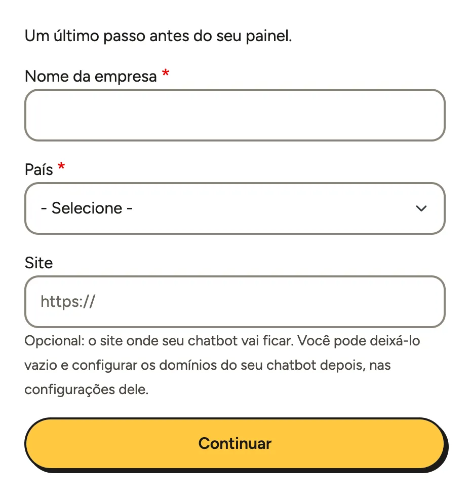 O formulário sobre a sua empresa com Nome da empresa, País e Site