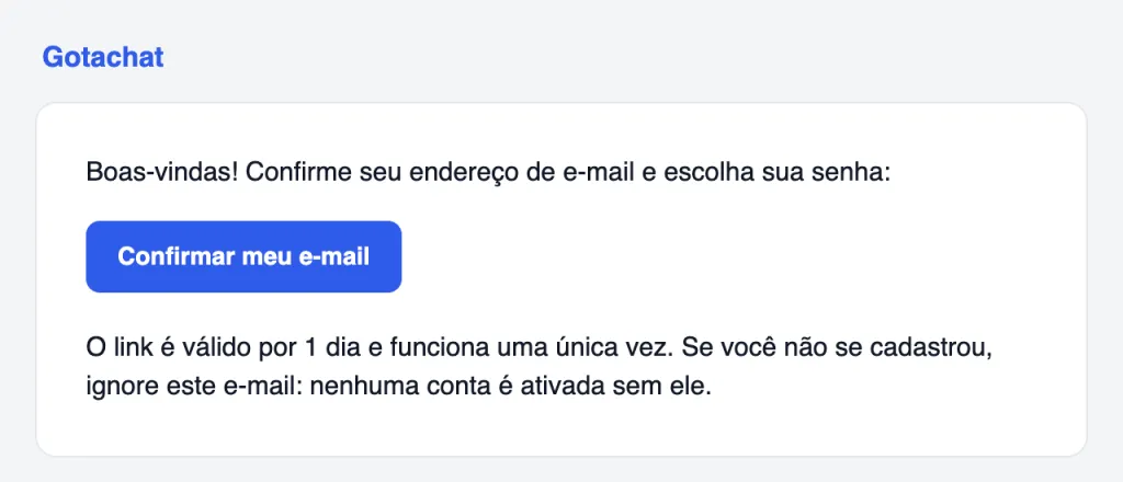 O e-mail de verificação com o botão Confirmar meu e-mail