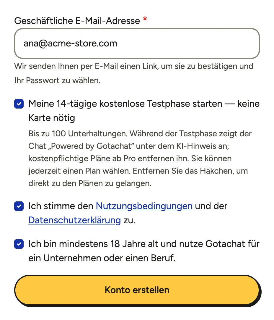 Das Formular zum Erstellen Ihres Kontos mit ausgefüllter geschäftlicher E-Mail und aktivierten Optionen für Testphase, Bedingungen und Alter