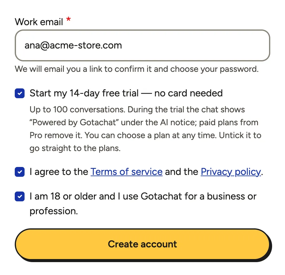 The Create your account form with the work email filled in and the free trial, terms and age options checked