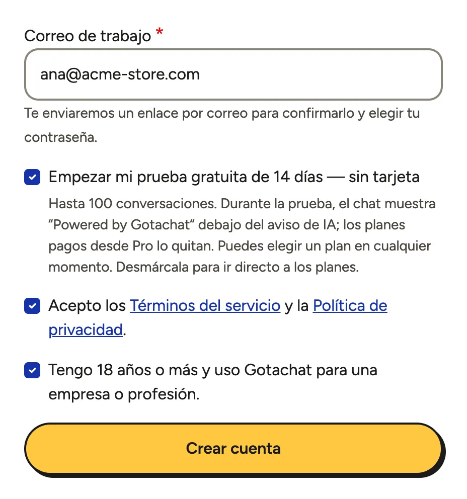 El formulario Crea tu cuenta con el correo de trabajo escrito y las opciones de prueba gratuita, términos y edad marcadas