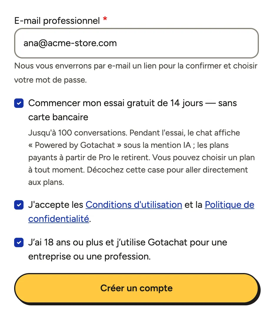 Le formulaire de création de compte avec l'e-mail professionnel rempli et les options d'essai gratuit, de conditions et d'âge cochées