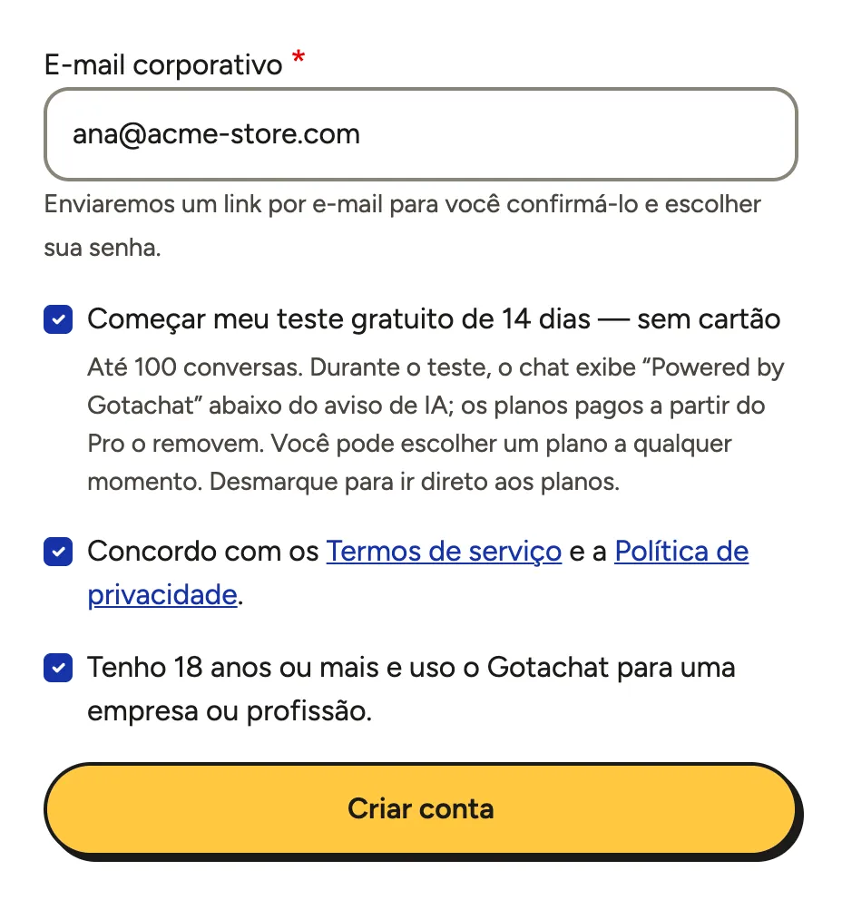 O formulário Crie sua conta com o e-mail de trabalho preenchido e as opções de teste grátis, termos e idade marcadas