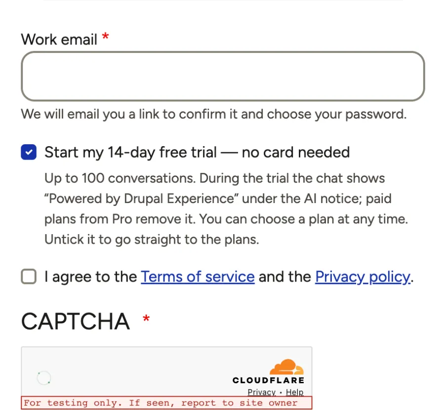 The Create your account form with the Work email field, the checked option Start my 14-day free trial — no card needed, the terms checkbox, a CAPTCHA and the Create account button