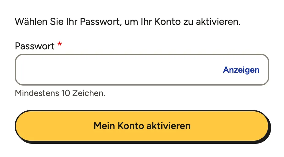 Die Seite zur Bestätigung mit dem Feld Passwort und der Schaltfläche Mein Konto aktivieren