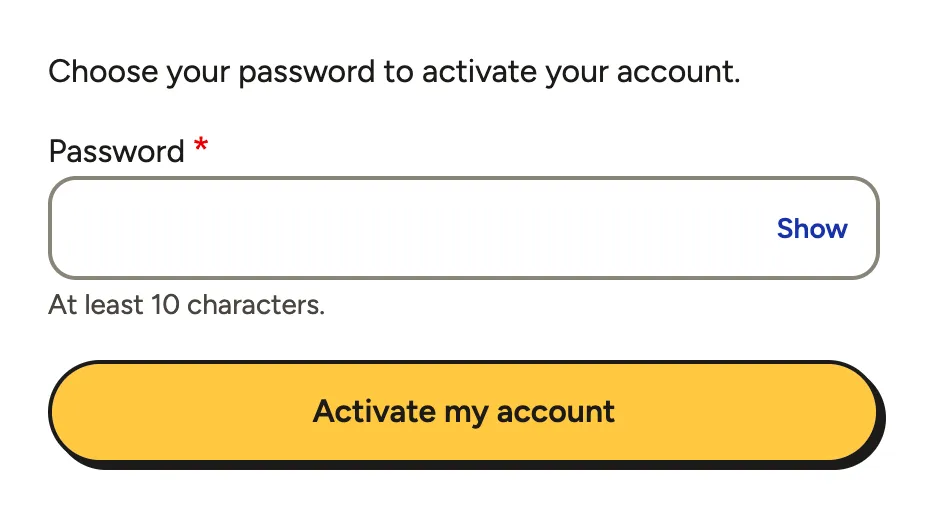 The Verify your email page with the Password field and the Activate my account button