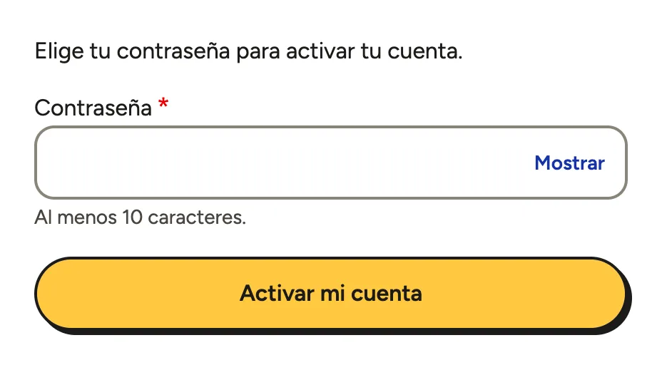 La página Verifica tu correo con el campo Contraseña y el botón Activar mi cuenta