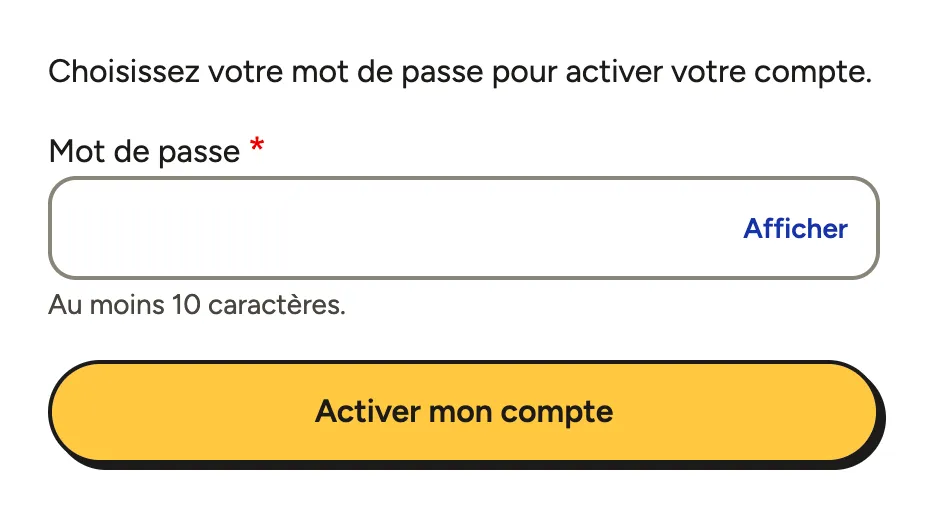 La page de vérification avec le champ Mot de passe et le bouton pour activer le compte