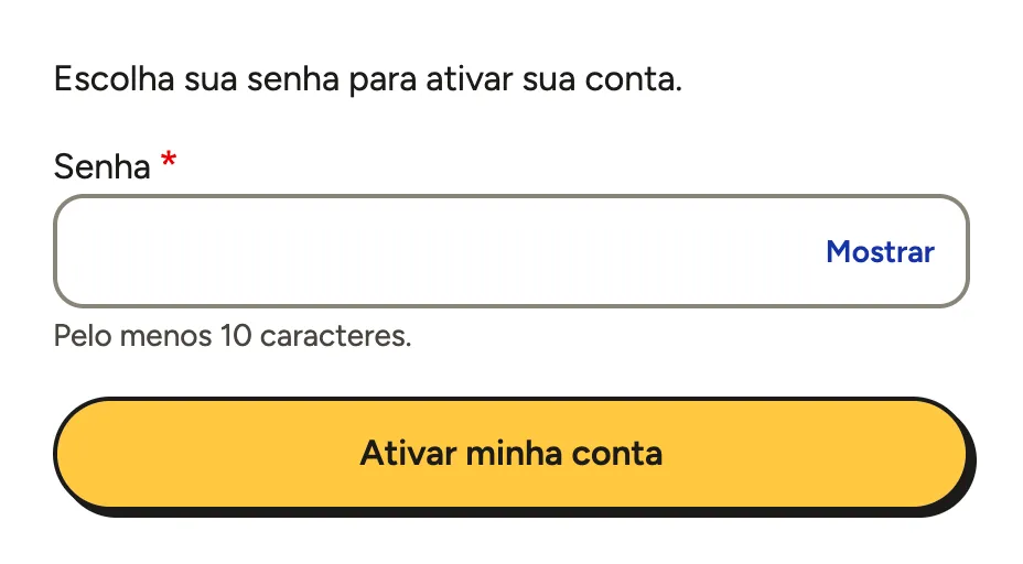 A página de verificação do e-mail com o campo Senha e o botão Ativar minha conta