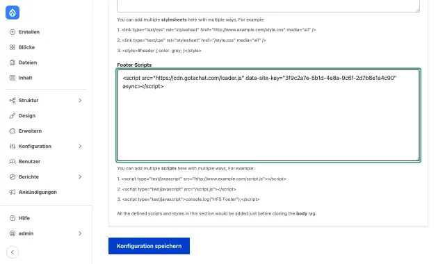 Der Tab Footer Scripts von Header and Footer Scripts mit dem Gotachat-Skript im Feld Footer Scripts und der Schaltfläche Konfiguration speichern