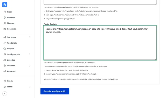 La pestaña Footer Scripts de Header and Footer Scripts con el script de Gotachat en el cuadro Footer Scripts y el botón Guardar configuración