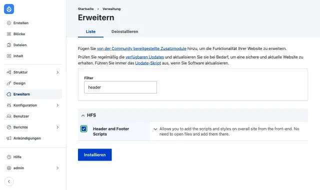 Die Seite Erweitern von Drupal, gefiltert nach header, mit aktiviertem Header and Footer Scripts und der Schaltfläche Installieren