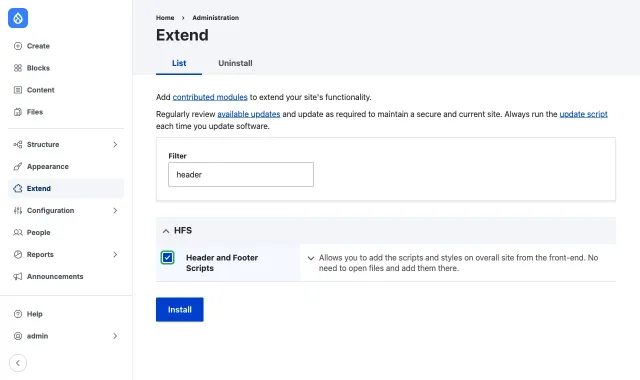 The Extend page of Drupal filtered by header, with Header and Footer Scripts checked and the Install button
