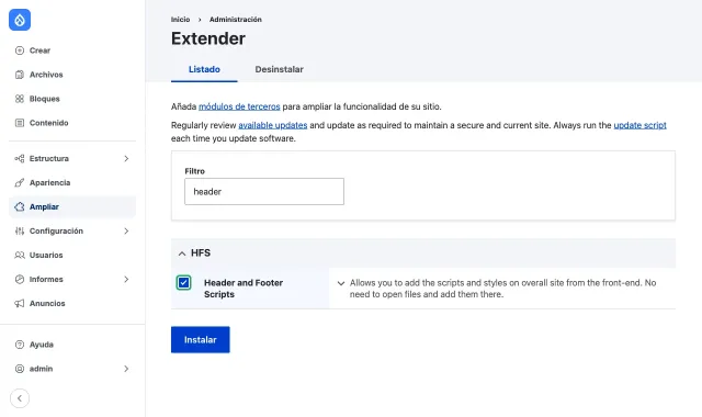 La página Ampliar de Drupal filtrada por header, con Header and Footer Scripts marcado y el botón Instalar