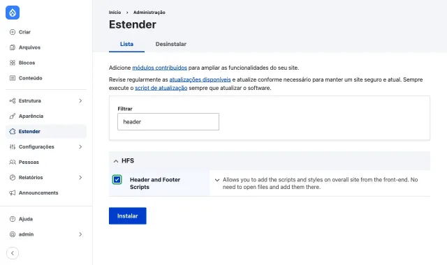 A página Estender do Drupal filtrada por header, com Header and Footer Scripts marcado e o botão Instalar