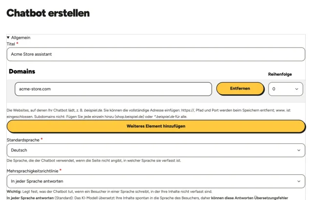 Das Formular Chatbot erstellen im Gotachat-Panel mit dem Namen des Chatbots und der Domain der Website