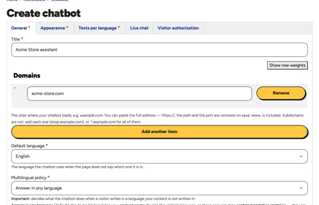 The Create chatbot form in the Gotachat panel, with the chatbot name and the domain of the website