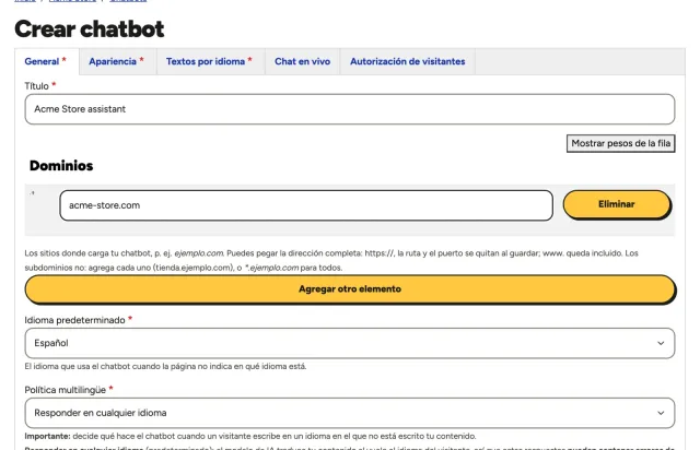 El formulario Crear chatbot del panel de Gotachat, con el nombre del chatbot y el dominio del sitio web