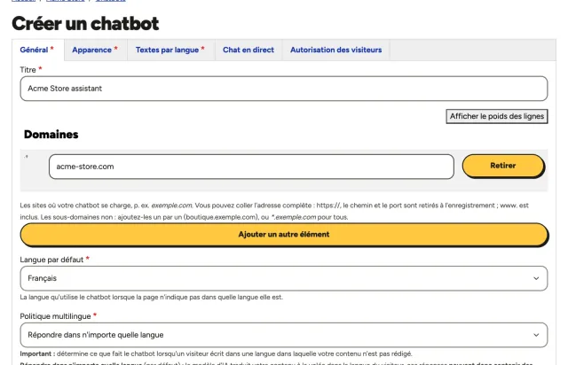 Le formulaire Créer un chatbot du panneau Gotachat, avec le nom du chatbot et le domaine du site