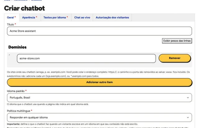 O formulário Criar chatbot do painel do Gotachat, com o nome do chatbot e o domínio do site
