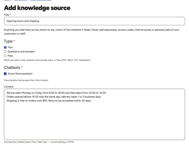 The Add knowledge source form with a text about opening hours and shipping, and the chatbot already checked