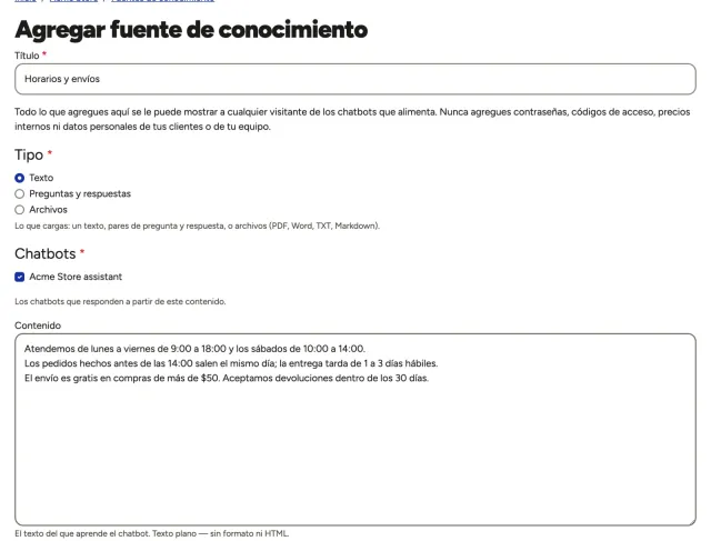 El formulario Agregar fuente de conocimiento con un texto sobre horarios y envíos, y el chatbot ya marcado