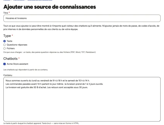 Le formulaire Ajouter une source de connaissances avec un texte sur les horaires et les livraisons, et le chatbot déjà coché
