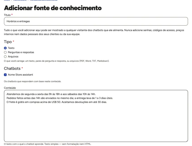 O formulário Adicionar fonte de conhecimento com um texto sobre horários e entregas, e o chatbot já marcado