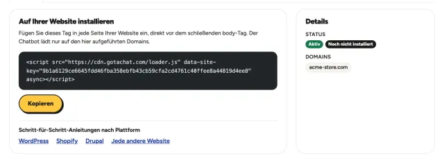 Die Chatbot-Seite mit dem Installationsskript und der Schaltfläche Kopieren