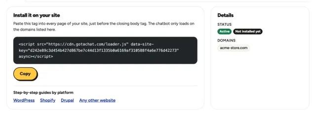 The chatbot page with the installation script and its Copy button