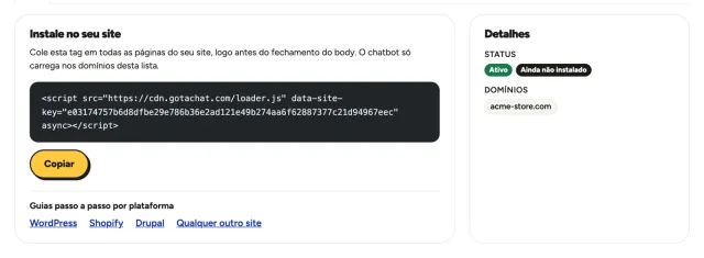 A página do chatbot com o script de instalação e o botão Copiar