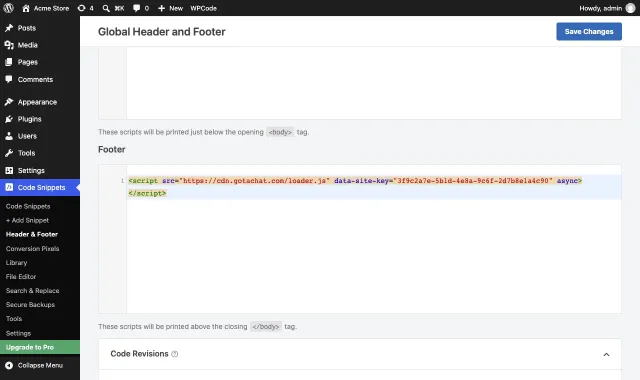 The Global Header and Footer page of WPCode with the Gotachat script in the Footer box
