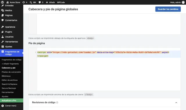 La página Cabecera y pie de página globales de WPCode con el script de Gotachat en el cuadro Pie de página
