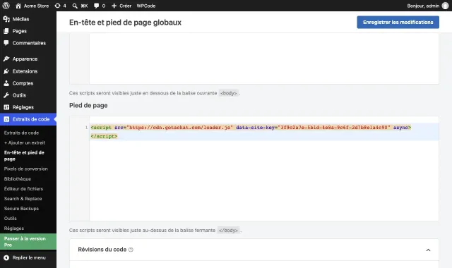La page En-tête et pied de page globaux de WPCode avec le script de Gotachat dans la zone Pied de page