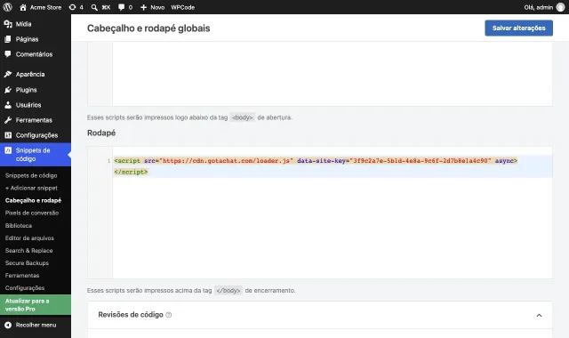 A página de cabeçalho e rodapé globais do WPCode com o script do Gotachat na caixa Rodapé