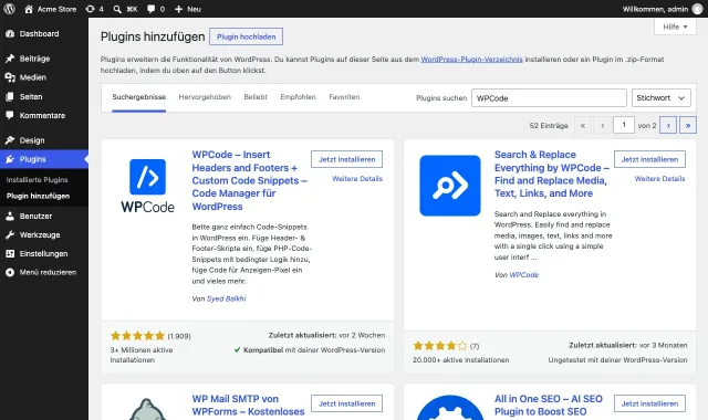 Die Seite Plugins hinzufügen von WordPress mit WPCode als Suchergebnis und der Schaltfläche Jetzt installieren