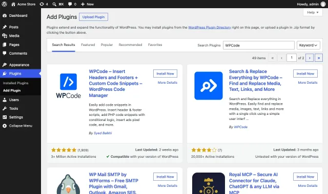 The Add Plugins page of WordPress with WPCode found by the search and its Install Now button