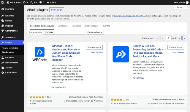 La página Añadir plugins de WordPress con WPCode encontrado en la búsqueda y su botón Instalar ahora