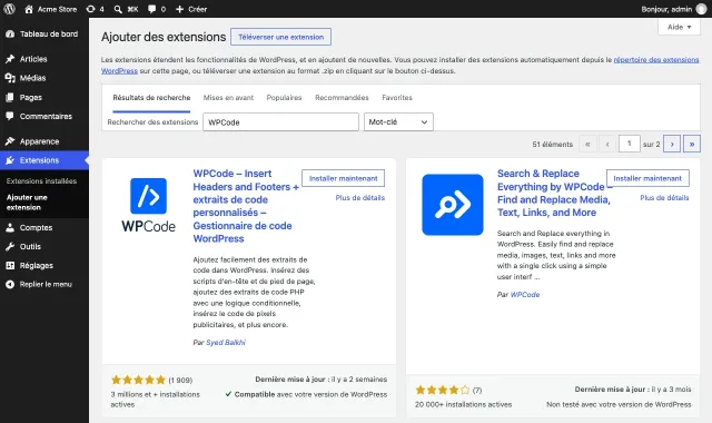 La page Ajouter des extensions de WordPress avec WPCode trouvé par la recherche et son bouton Installer maintenant