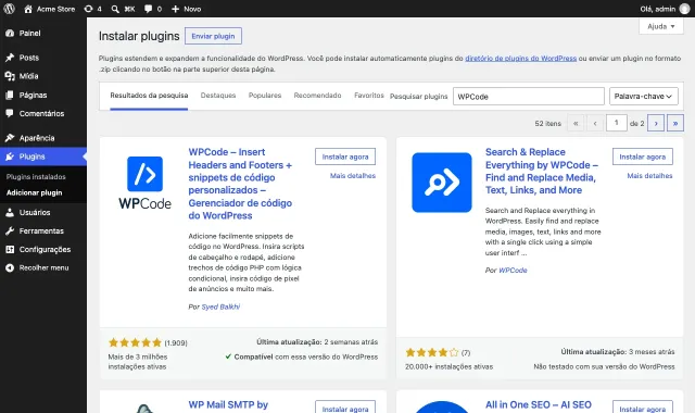 A página Adicionar plugins do WordPress com o WPCode encontrado na pesquisa e o botão Instalar agora
